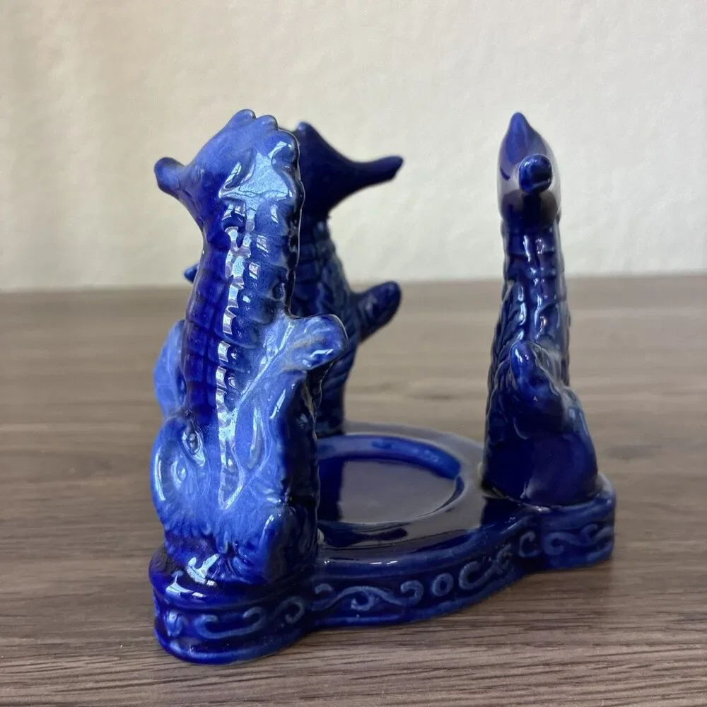 VTG Cobalt Blue Glazed Ceramic Tea/ Votive Candle Holder, 3 Seahorses, Coastal